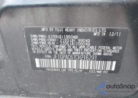 2012 Subaru Impreza 2.0I Premium from USA, damaged, VIN JF1GPAC67CH216293